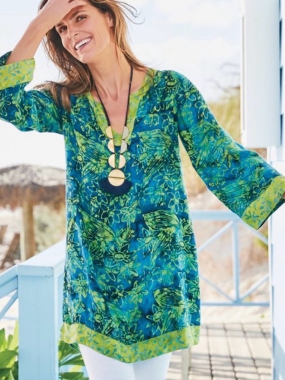 Soft Surroundings Anaisha Floral Batik Tunic Blue Green Rayon Medium Women’s